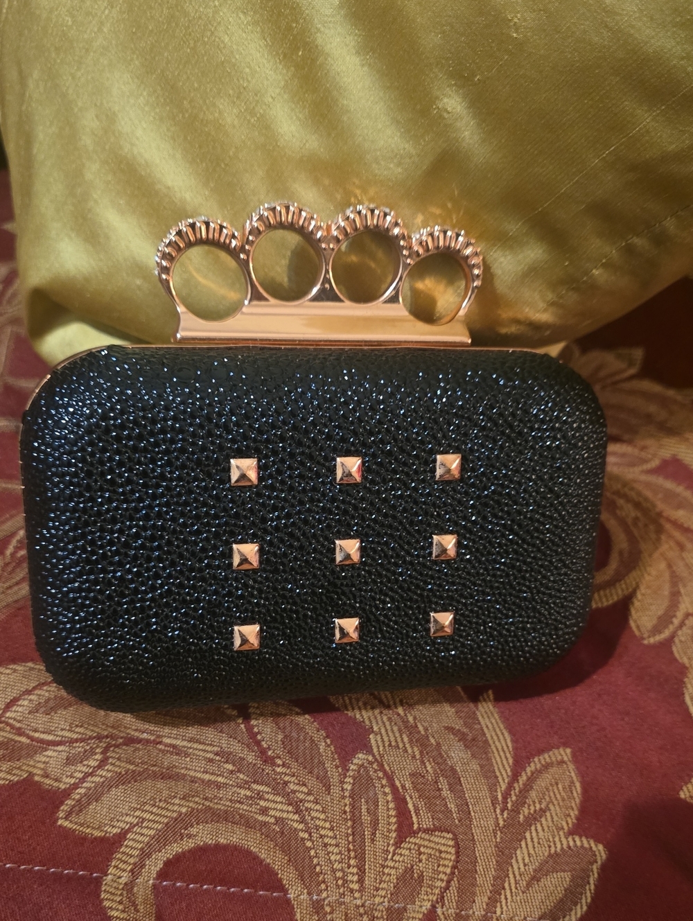 Black Crystal Knuckle-Handle Evening Clutch [Rose Gld/Blk]